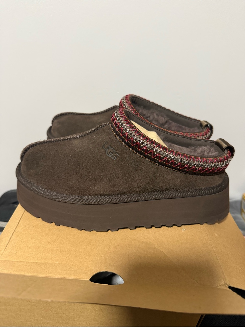 UGG Women’s Cocoa Brown Suede Slip-On Clog with Red Accent